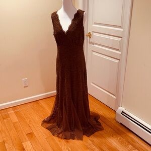 Candalite Elegant Brown Lace Maxi Dress Medium